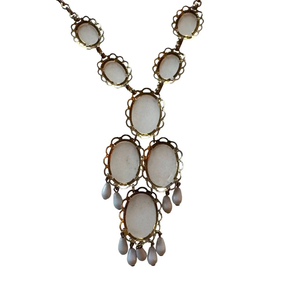 Vintage 1960s White Cabochon Statement Necklace Gold Tone Retro Boho Festival